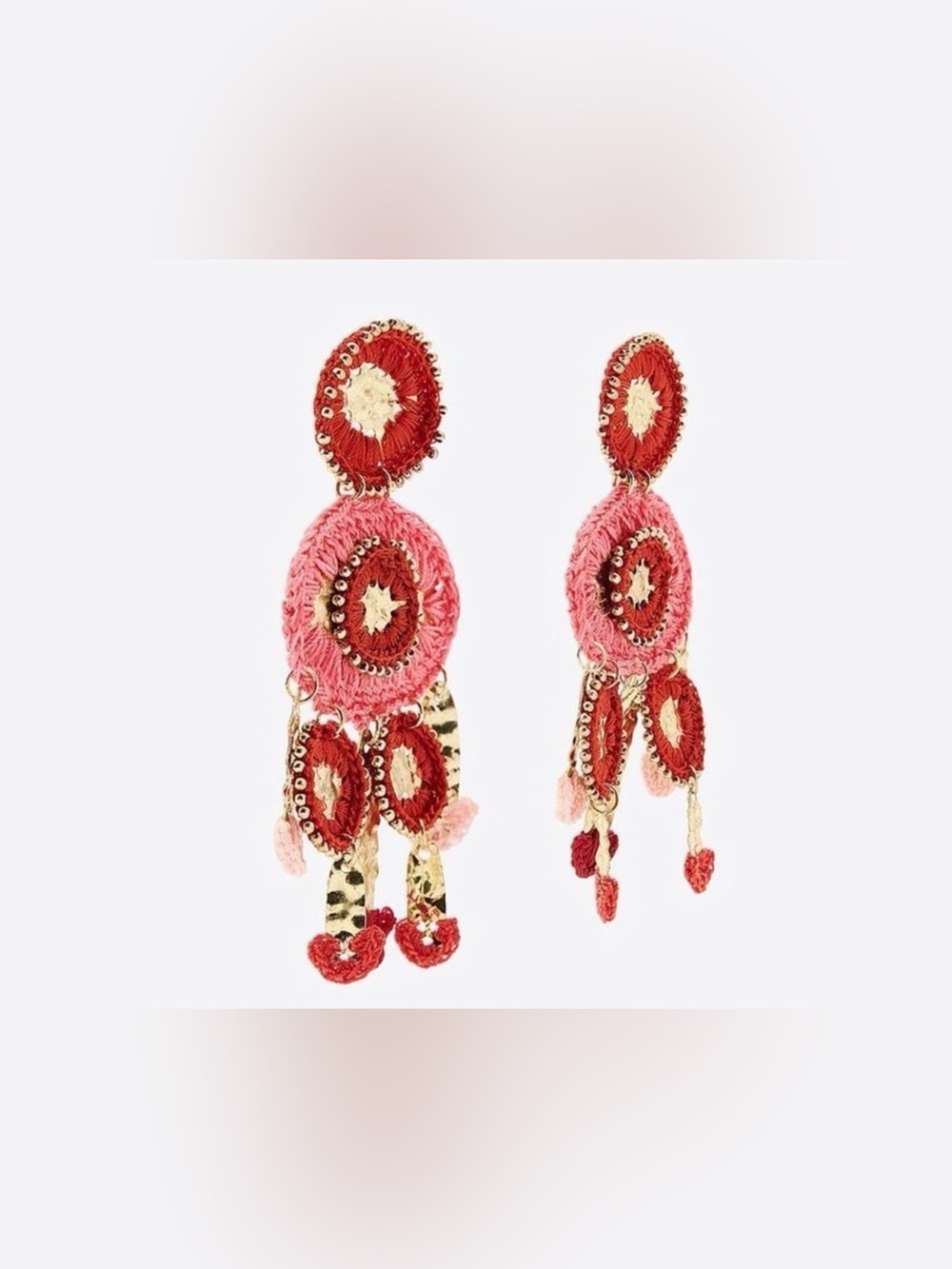 Zara Pink and Red Embroidered Drop Earrings with Gold Accents - Picture 3 of 5
